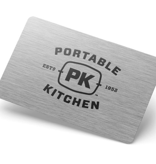 E-Gift Certificate, portable kitchen gift card with a brushed metal texture design.