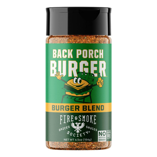 Fire & Smoke Society F&S | BACK PORCH BURGER 6.5 OZ, spice blend bottle with a green label featuring a cartoon burger character with a grin and thumbs up.
