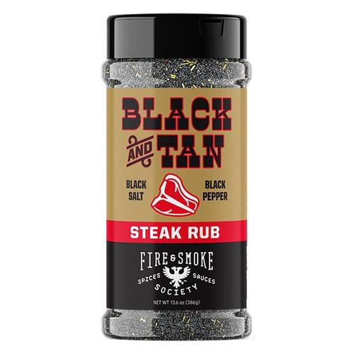Fire & Smoke Society F&S Black and Tan Seasoning Blend 13.6 oz, spice container with black and red labeling for steak rub, black and tan seasoning with black salt and black pepper for grilling and BBQ.