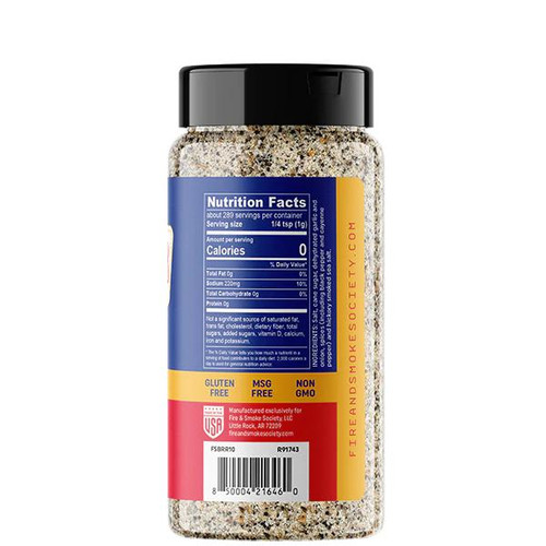 Fire & Smoke Society F&S | BURGER ROYALE SEASONING BLEND 10.2 OZ, spice blend jar with blue and yellow label and nutrition facts.