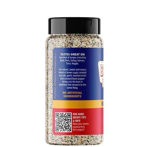 Fire & Smoke Society F&S Burger Royale Seasoning Blend 10.2 oz, jar of seasoning with blue, red, and yellow label featuring product description and QR code.