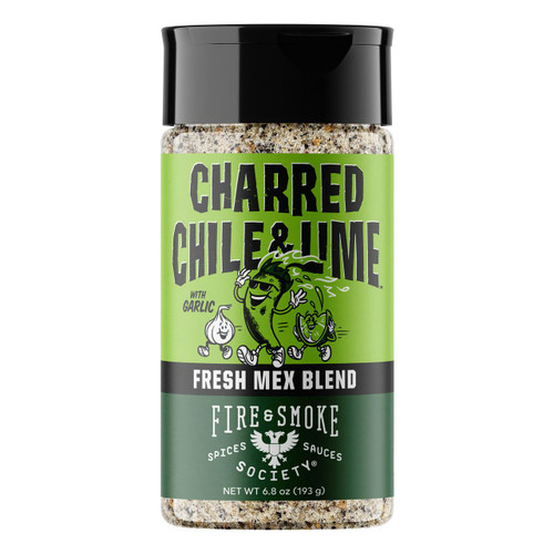 Fire & Smoke Society F&S | CHARRED CHILE & LIME 6.8 OZ, spice blend jar with green and black label and cartoon chili peppers.
