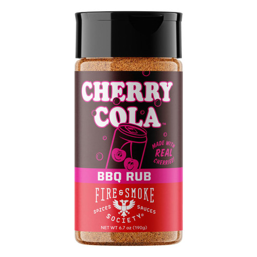Fire & Smoke Society F&S Cherry Cola 6.7oz, spice rub container with cherry and cola themed label design.
