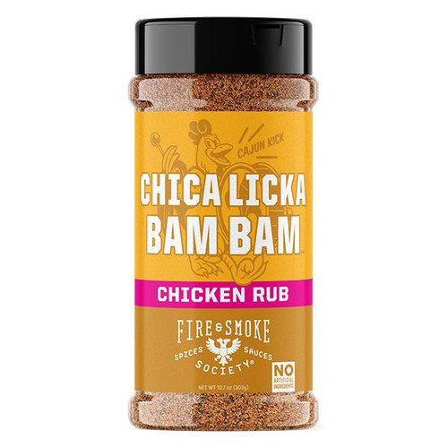 Fire & Smoke Society F&S | Chica Licka Bam Bam Bird Rub 10.7 oz, a bottle of seasoned chicken rub with a yellow and pink label featuring a cartoon chicken and bold white text.