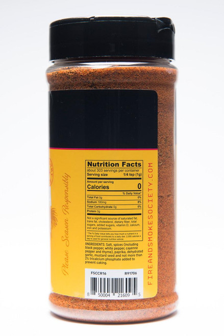 Fire & Smoke Society F&S | Chica Licka Bam Bam Bird Rub 10.7 oz, spice rub container with a black lid and yellow label showing nutrition facts and ingredients.