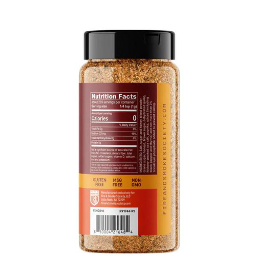 Fire & Smoke Society F&S Honey Garlic BBQ Rub 9.5 oz, bottle of barbecue seasoning with detailed nutrition facts label.