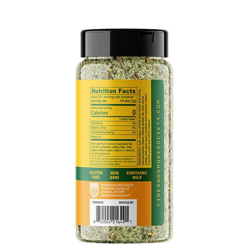 Fire & Smoke Society F&S Onion Butter All Purpose Blend 9.2 oz, jar of seasoning containing onion butter blend with yellow and green nutrition label.