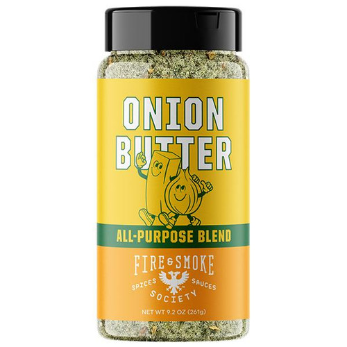 Fire & Smoke Society F&S Onion Butter All Purpose Blend 9.2 OZ, spice blend container with yellow and orange label featuring cartoon onion character and black lid.