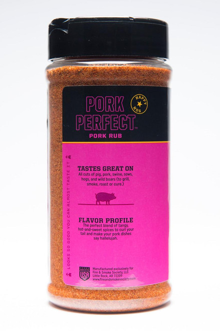 Fire & Smoke Society F&S Pork Perfect Spice Rub 10.7 oz, a jar of pork spice rub with a black lid and a pink label displaying product details.