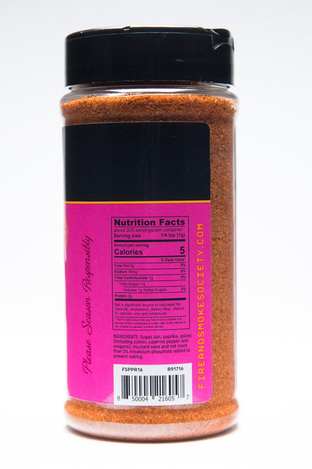 Fire & Smoke Society F&S Pork Perfect Spice Rub 10.7 oz jar with a pink label showing nutrition facts and ingredients.
