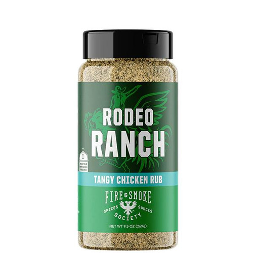 Fire & Smoke Society F&S | RODEO RANCH CHICKEN RUB 9.5 OZ, green and black spice rub container with ranch theme and logo.