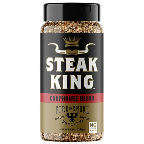 Fire & Smoke Society F&S | Steak King Steak Rub 8.5 oz, a spice container with black lid and a label featuring a crown and bull horns design.