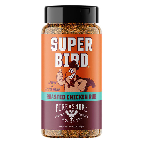 Fire & Smoke Society F&S Super Bird Poultry Rub 8.5 oz, colorful spice bottle with cartoon bird mascot, labeled for roasted chicken rub with lemon and triple herb flavor.