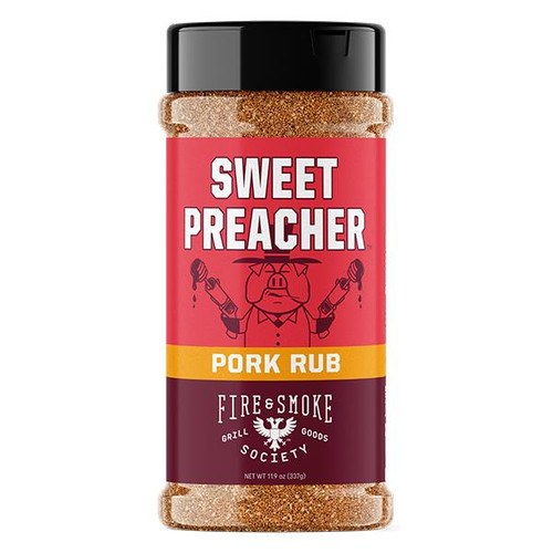 Fire & Smoke Society F&S Sweet Preacher Pork Rub 11.9 oz, spice blend container with red and yellow label, cartoon pig graphic, and black lid.
