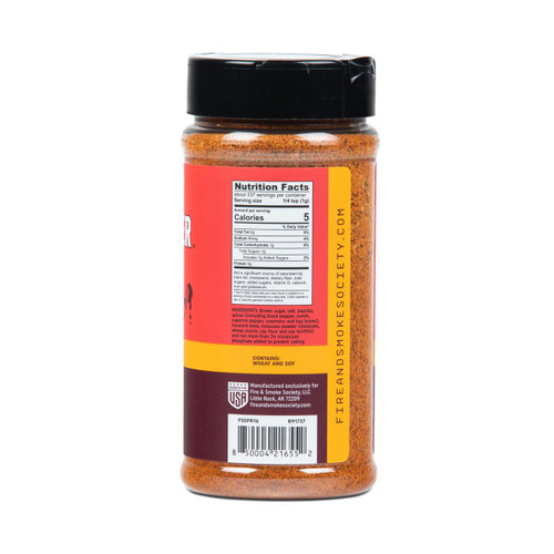 Fire & Smoke Society F&S | SWEET PREACHER PORK RUB 11.9 OZ, image of a spice jar with a red label displaying nutritional information and ingredients for the pork rub.
