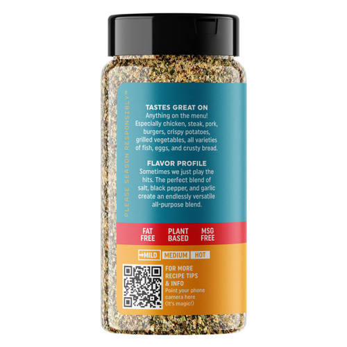 Fire & Smoke Society F&S | THE GO-TO 6.7OZ, spice blend in a clear container with a black lid, featuring a blue and orange label with product details and QR code.