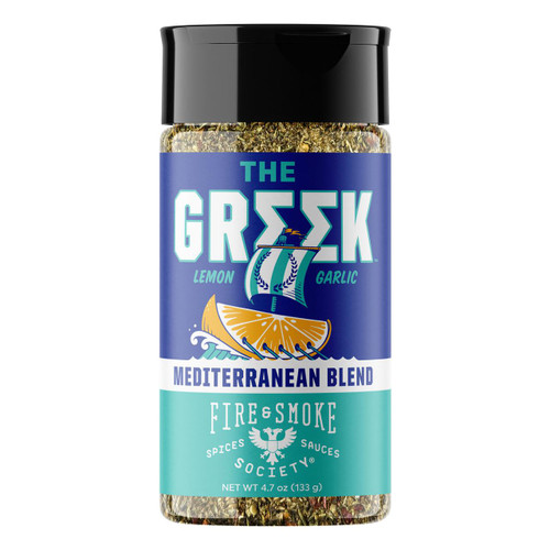 Fire & Smoke Society F&S The Greek 4.7 OZ spice jar, front view showing colorful label with lemon, garlic, Mediterranean blend, and ship illustration.