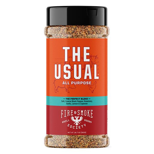 Fire & Smoke Society F&S | The Usual All-Purpose Spice 10.7 oz, spice blend container with orange, red, and teal labels, showcasing a versatile seasoning mix.