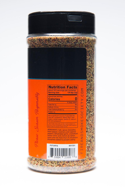 Fire & Smoke Society F&S | The Usual All-Purpose Spice 10.7 oz, a clear plastic container filled with a colorful blend of spices and herbs.