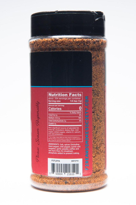 Fire & Smoke Society F&S Thundering Longhorn Beef Rub 12.5 oz, spice rub jar with black lid and red label, containing seasoned beef spice blend.