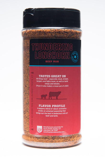 Fire & Smoke Society F&S Thundering Longhorn Beef Rub 12.5 oz, spice rub container with black lid and red label detailing product description and flavor profile.