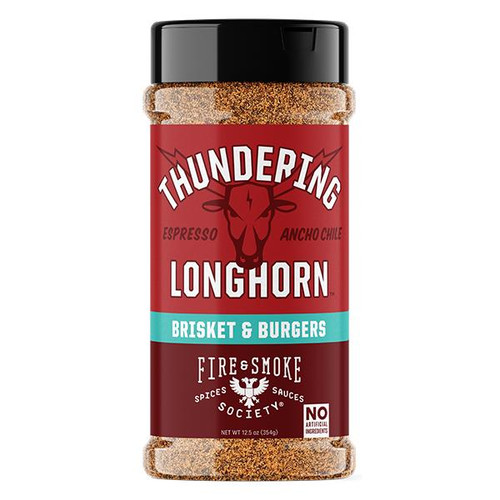Fire & Smoke Society F&S Thundering Longhorn Beef Rub 12.5 oz, a detailed image of a spice jar with a red label featuring a longhorn bull logo and text indicating the flavor and brand.