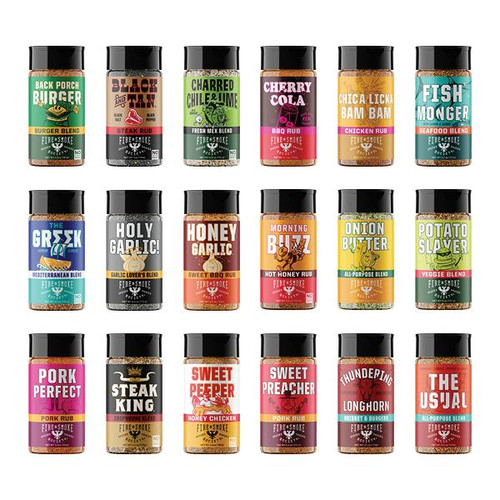 Fire & Smoke Society F&S - The Motherload, collection of seasoning rubs in assorted flavors and colors arranged in rows.