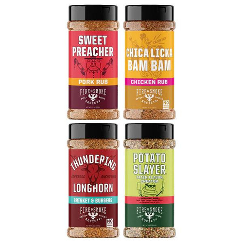 Fire & Smoke Society F&S - Ultimate BBQ Bundle, set of four spice jars including Sweet Preacher pork rub, Chica Licka Bam Bam chicken rub, Thundering Longhorn espresso briskey, and Potato Slayer tater flavor creator.