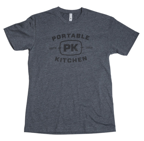 Grey Logo Tee, a dark grey casual T-shirt with a printed logo design on the front promoting a portable kitchen brand.