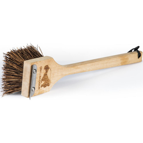 Grill Badger Brush, wooden handle grill cleaning brush with metal scraper and natural bristles for barbecue grill cleaning.