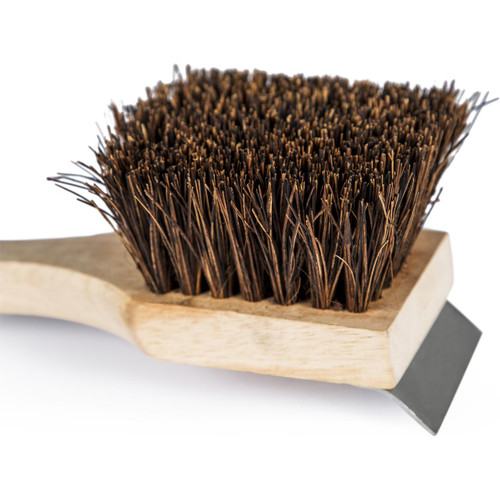 Grill Badger Brush, close-up of a natural bristle grill cleaning brush with a wooden handle designed for barbecue grill cleaning.