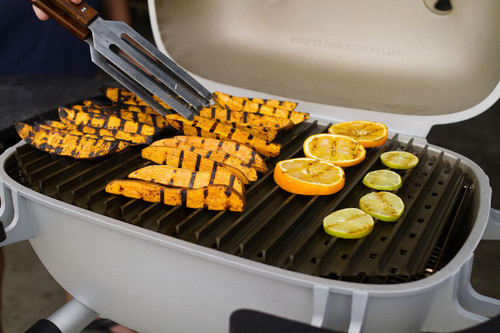 GrillGrate® for PK360, grilling salmon, lemon, and lime slices on a portable grill with grill grate panels.