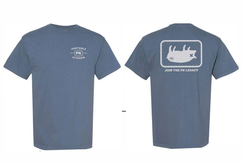 PK Grills Blue Logo Tee Shirt, front and back view of a blue T-shirt with PK Grills logo and graphic design.