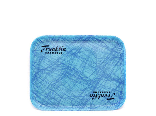 PK Grills Franklin BBQ Tray, blue rectangular BBQ tray with crisscross pattern and black text.