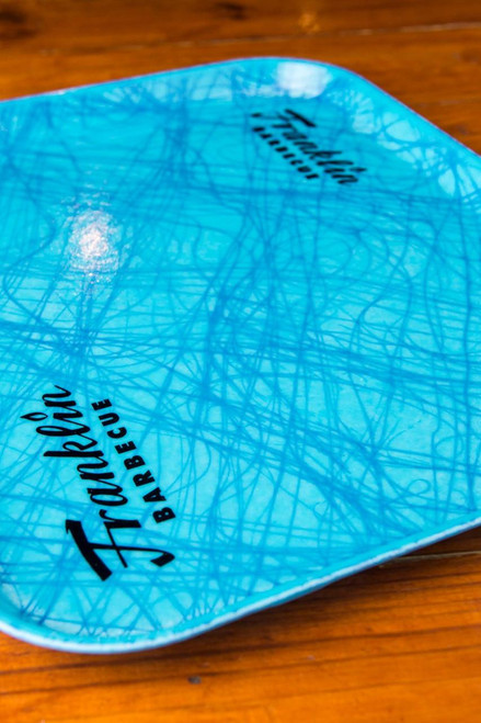 PK Grills Franklin BBQ Tray, blue rectangular BBQ tray with a crackled pattern and black logo.