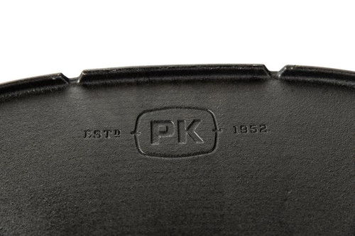 PK Grills Griddle for The PKGO, close-up image of the cast iron griddle featuring the PK logo and manufacturing details visible.