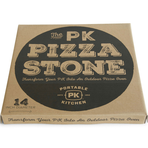 PK Grills PK Pizza Stone, 14-inch diameter, outdoor portable pizza oven stone in branded packaging.