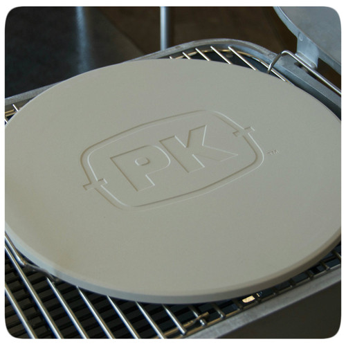PK Grills PK Pizza Stone, round beige pizza stone with embossed PK logo, placed on grill grate.
