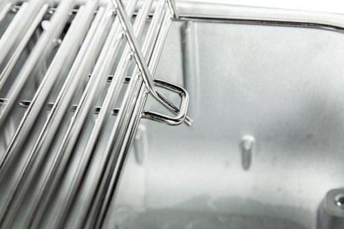 PK Grills PK300 Stainless Steel Hinge Grid, close-up of a shiny stainless steel hinge grid for grill inspection.