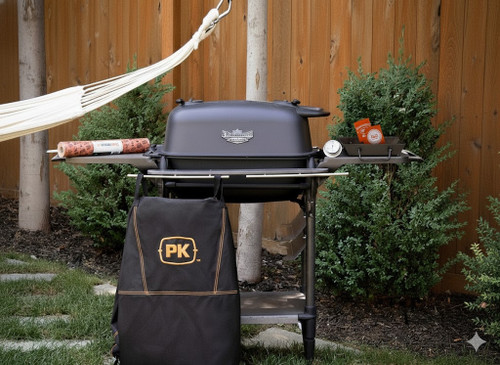 PK Grills PK300AF Start Cookin' Bundle - Coal, outdoor charcoal grill with side shelves, cooking accessories, and a carrying bag, set up in a backyard garden.
