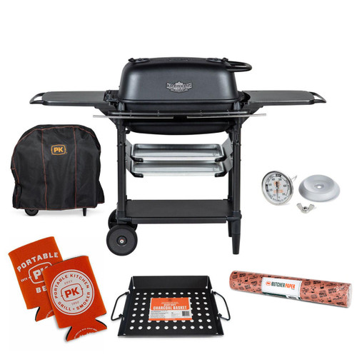 PK Grills PK300AF Start Cookin' Bundle - Coal, barbecue grill with accessories including a charcoal basket, thermometer, butchers paper roll, portable wear, and a carrying bag for outdoor cooking.