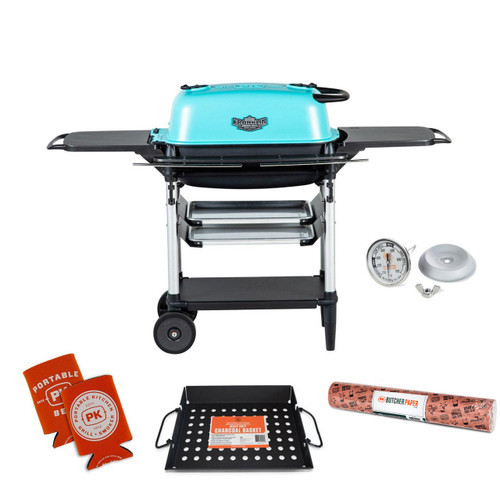 PK Grills PK300AF Start Cookin' Bundle - Teal, a portable charcoal grill with accessories including a charcoal basket, butcher paper, temperature thermometer, and grill tools.