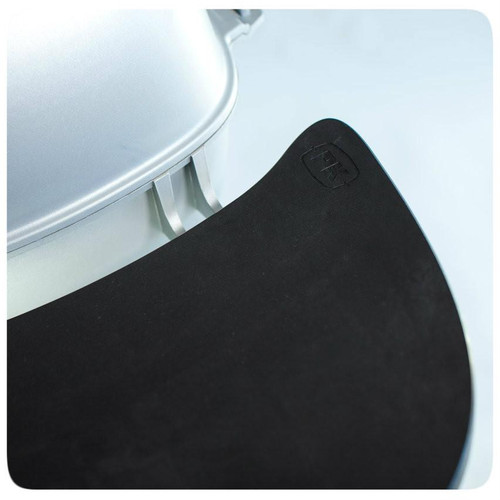 PK Grills PK360 Black Durabilium Shelf Kit, close-up view of the black Durabilium shelf attached to the grill with a textured surface and the PK logo.