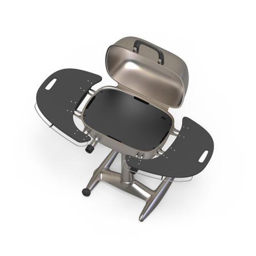 PK Grills PK360 Carbon Steel Griddle, open portable outdoor grill with a spacious black cooking surface and black side tables on a silver stand.