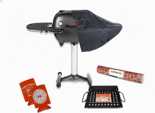 PK Grills PK360 Start Cookin' Bundle - Graphite, complete barbecue grill starter kit with a black grill, cover, orange gloves, a tray, and roll of paper for grilling and cooking.