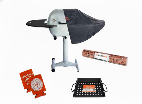 PK Grills PK360 Start Cookin' Bundle - Silver, outdoor grill with cover, grilling accessories, and paper roll.