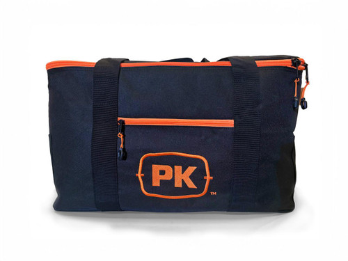 PK Grills PKGO Carrying Bag, durable black carrying bag with orange zippers and the PK logo on the front pocket.