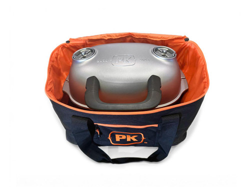 PK Grills PKGO Carrying Bag, black and orange carrying bag with a grill inside for easy transport and storage.