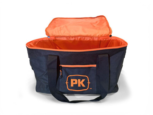 PK Grills PKGO Carrying Bag, black with orange interior and logo, designed for transporting grill equipment.