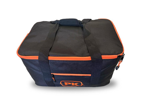 PK Grills PKGO Carrying Bag, black carrying case with orange zippers and handles for portable grill storage and transport.